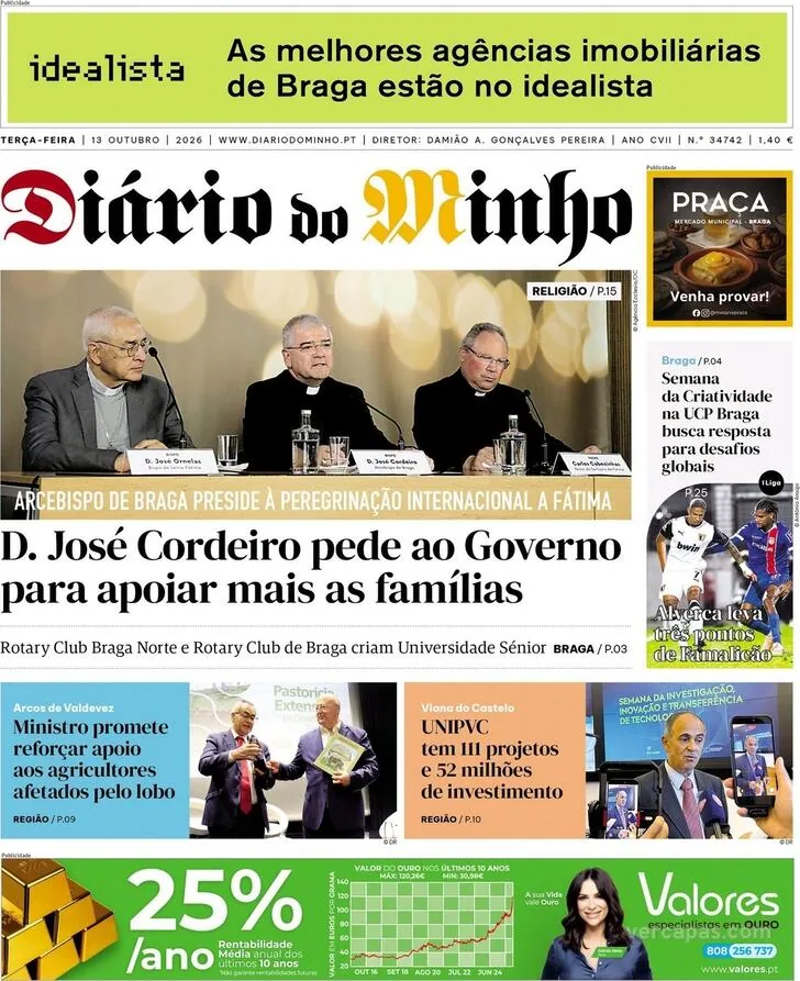 Capa do Diário do Minho de quarta-feira, 14 de outubro de 2026