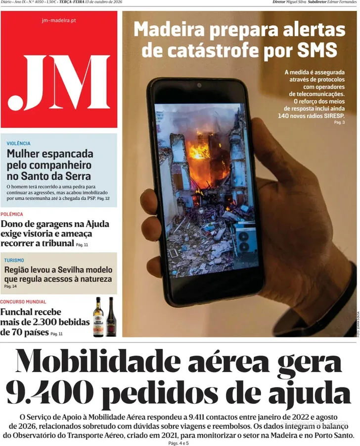 Capa do Jornal da Madeira de quarta-feira, 14 de outubro de 2026
