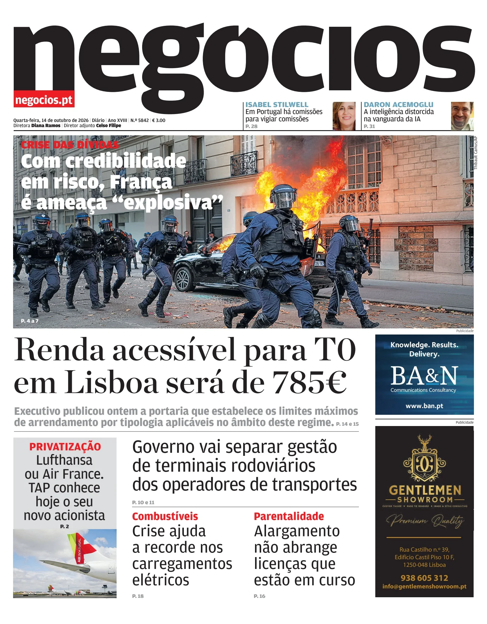 Capa do Jornal de Negócios de quarta-feira, 14 de outubro de 2026