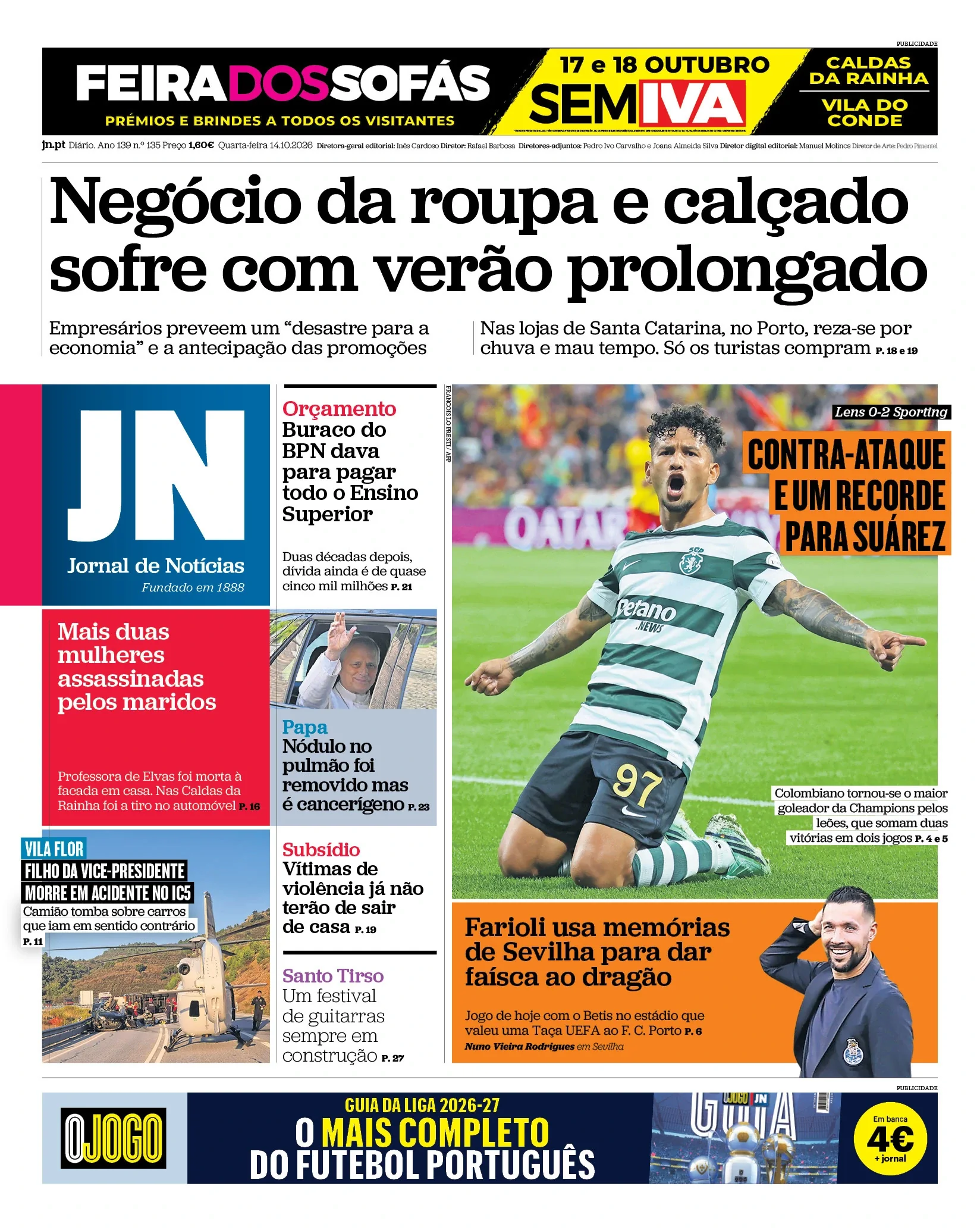 Capa do Jornal de Notícias de quarta-feira, 14 de outubro de 2026