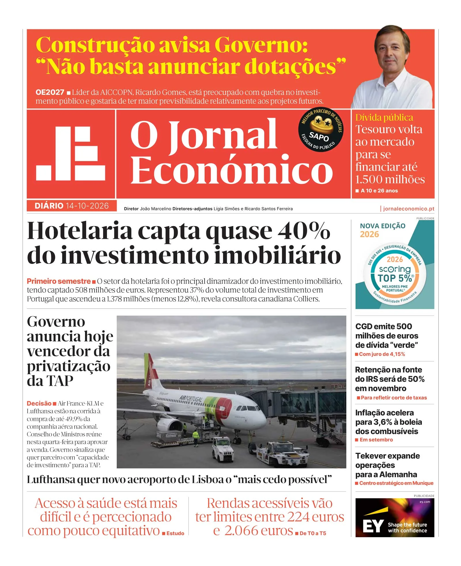 Capa do Jornal Económico de quarta-feira, 14 de outubro de 2026