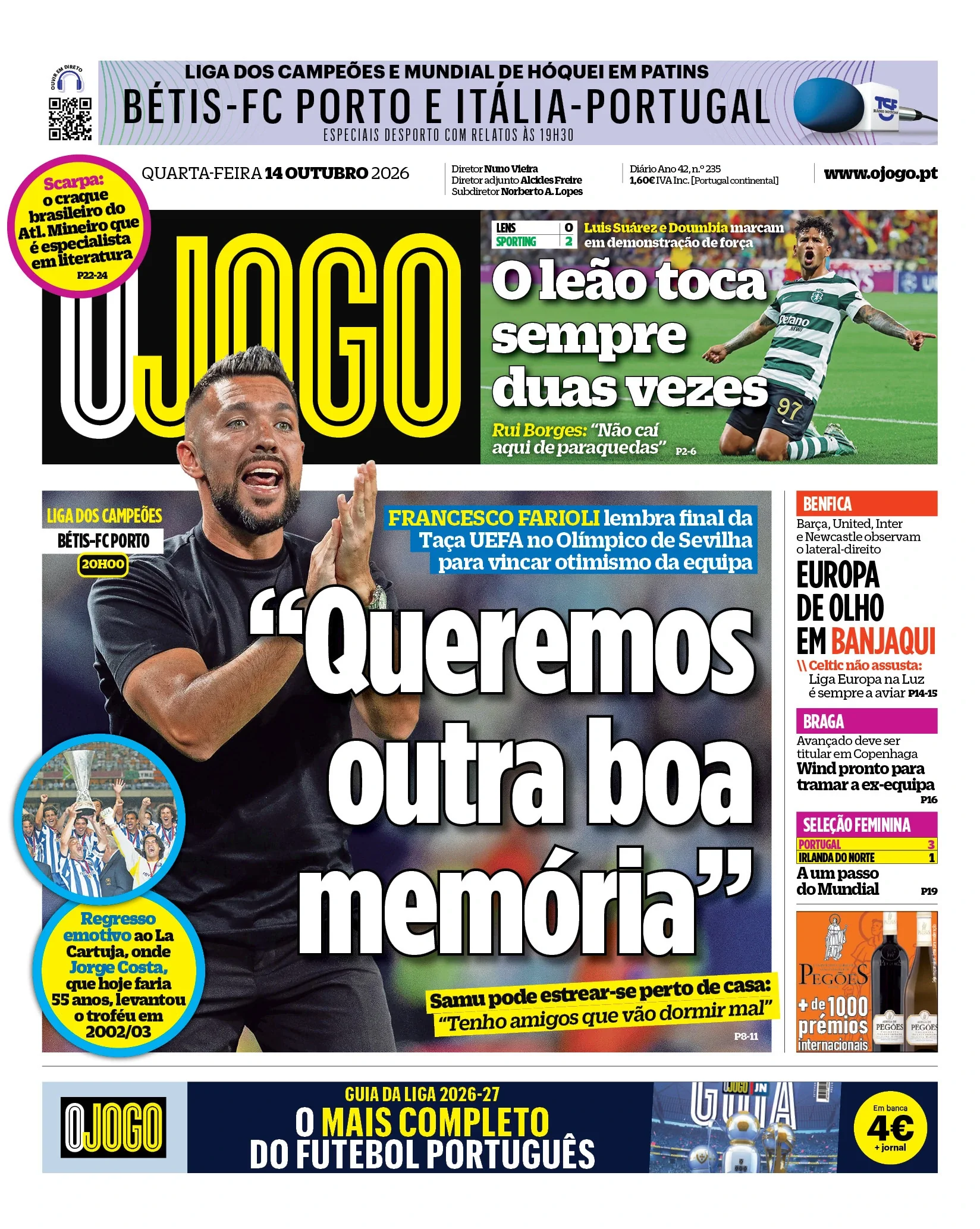 Capa do O Jogo de quarta-feira, 14 de outubro de 2026