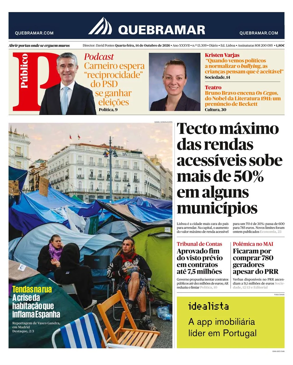 Capa do Público de quarta-feira, 14 de outubro de 2026