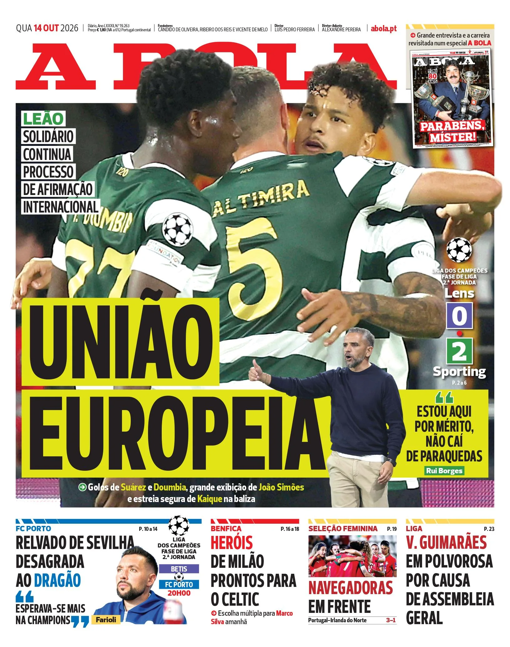 Capa do A Bola de quinta-feira, 15 de outubro de 2026
