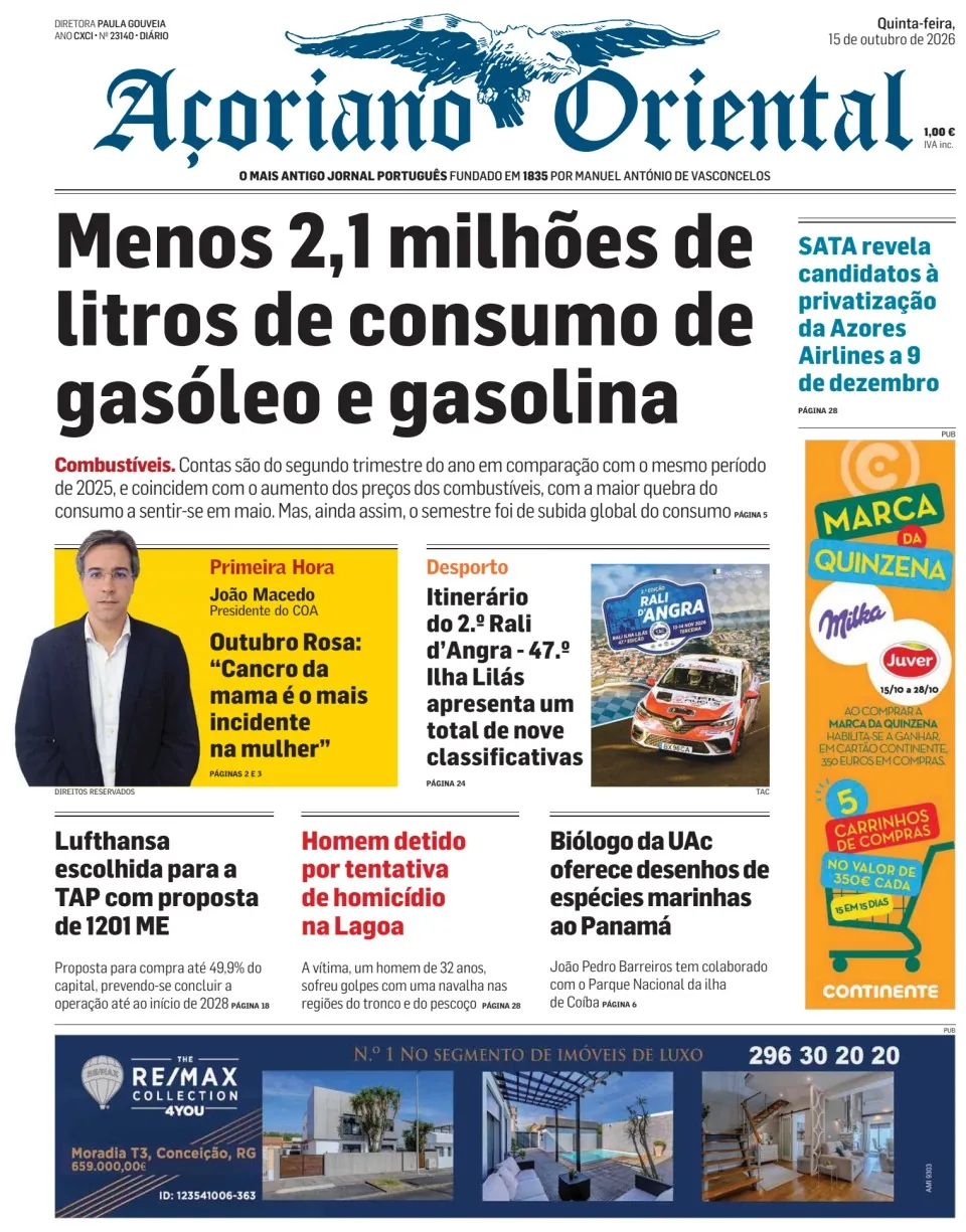 Capa do Açoriano Oriental de quinta-feira, 15 de outubro de 2026