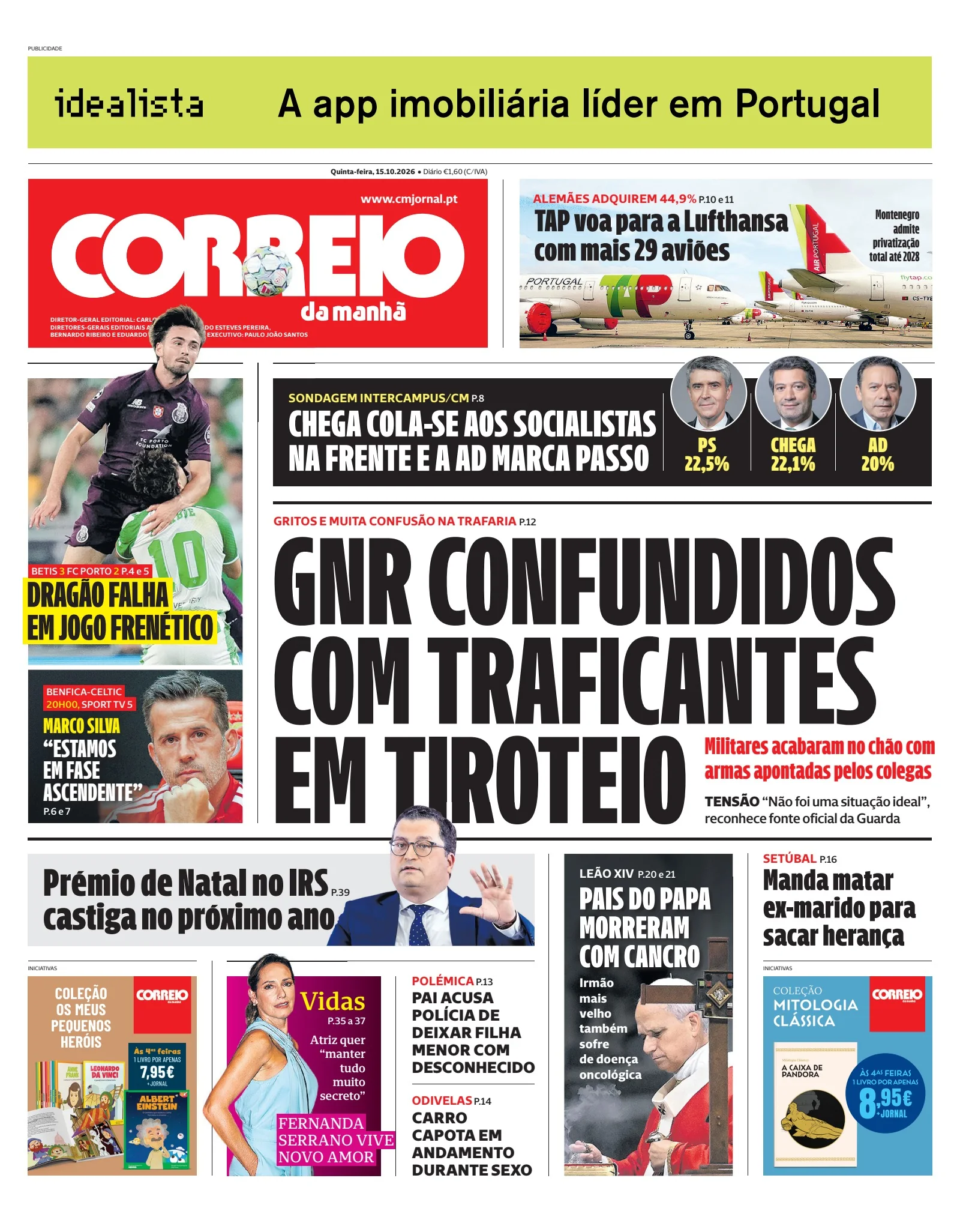 Capa do Correio da Manhã de quinta-feira, 15 de outubro de 2026