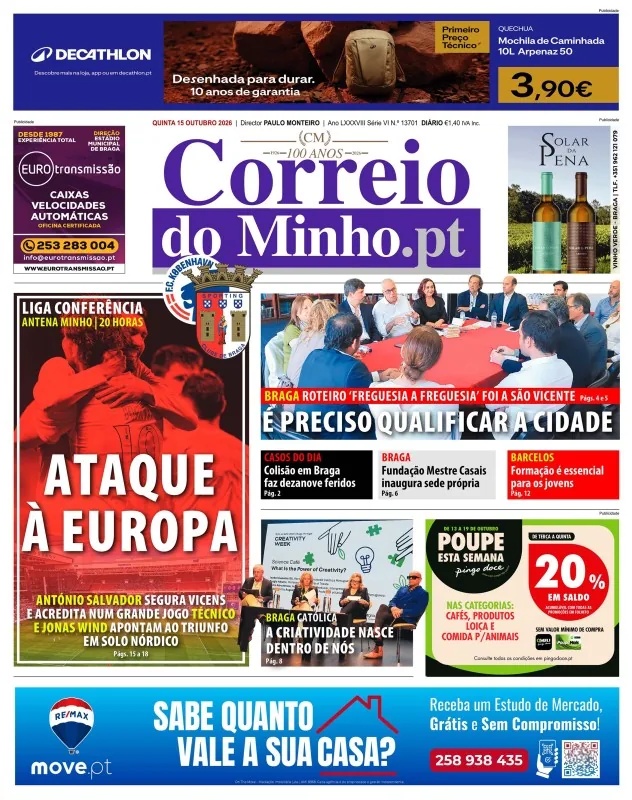 Capa do Correio do Minho de quinta-feira, 15 de outubro de 2026