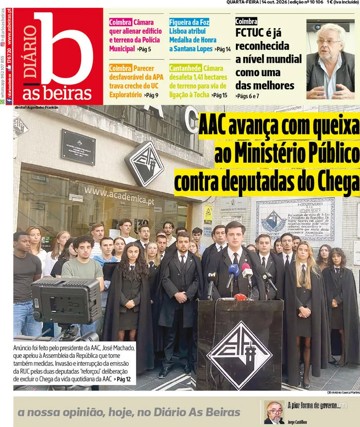 Capa do Diário As Beiras de quinta-feira, 15 de outubro de 2026