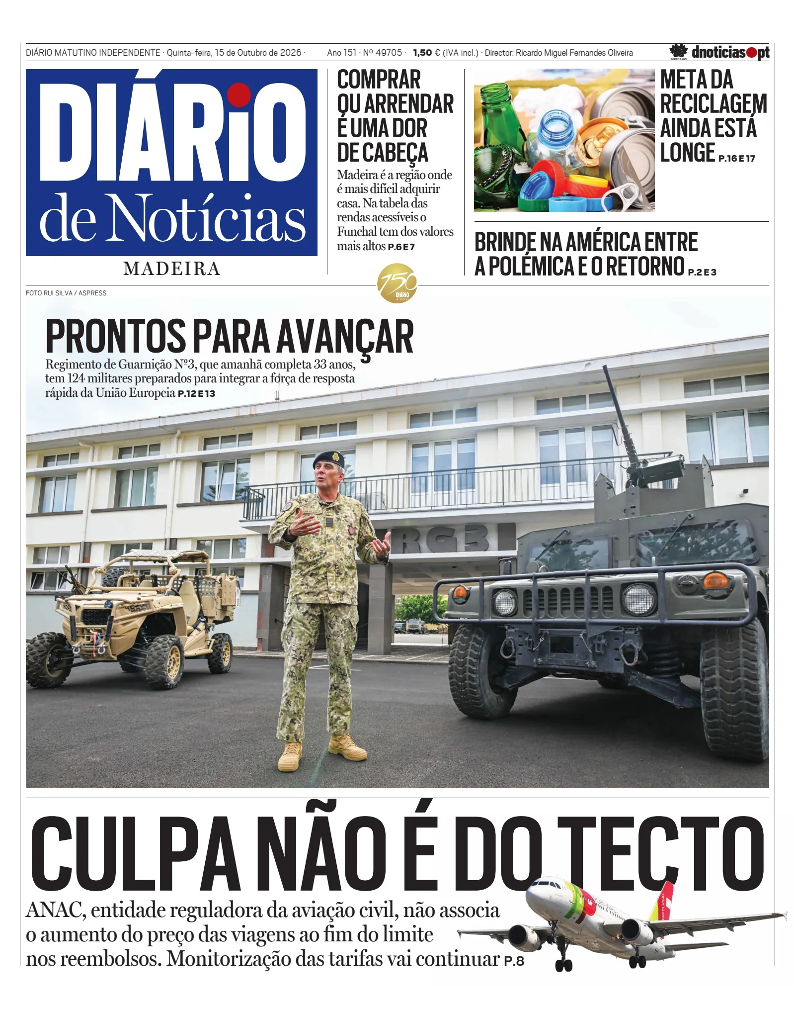 Capa do Diário de Notícias da Madeira de quinta-feira, 15 de outubro de 2026