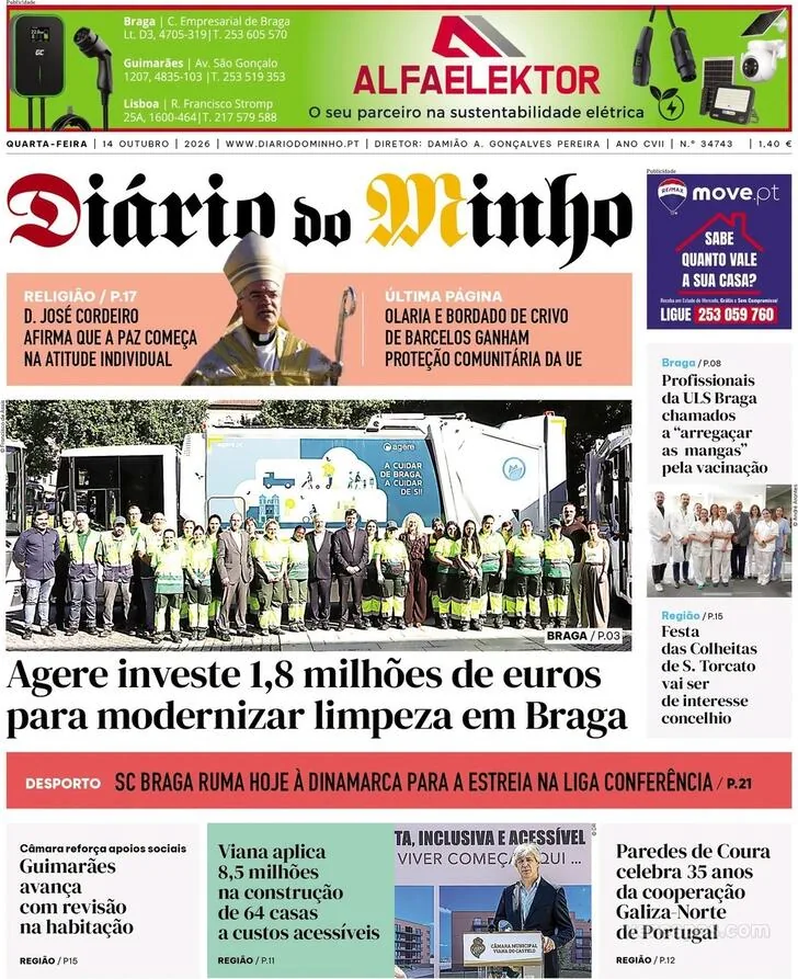 Capa do Diário do Minho de quinta-feira, 15 de outubro de 2026