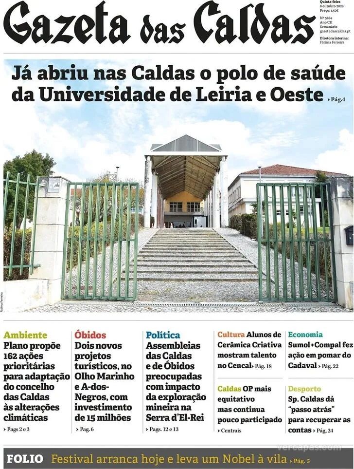 Capa do Gazeta das Caldas de quinta-feira, 15 de outubro de 2026