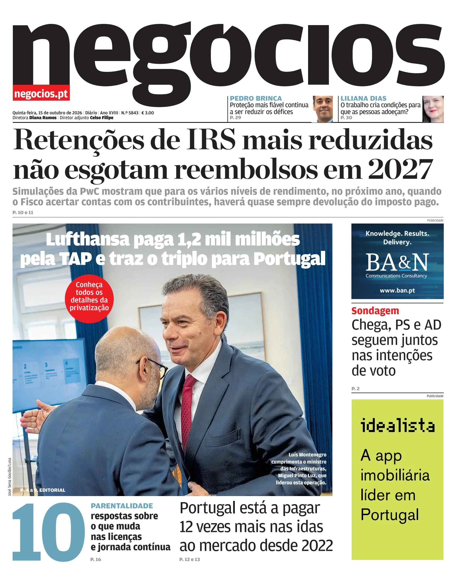 Capa do Jornal de Negócios de quinta-feira, 15 de outubro de 2026