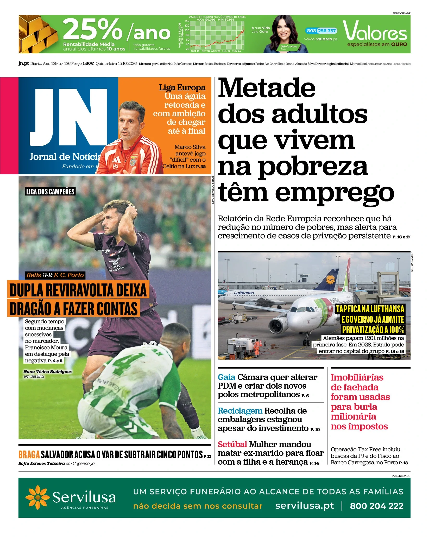 Capa do Jornal de Notícias de quinta-feira, 15 de outubro de 2026