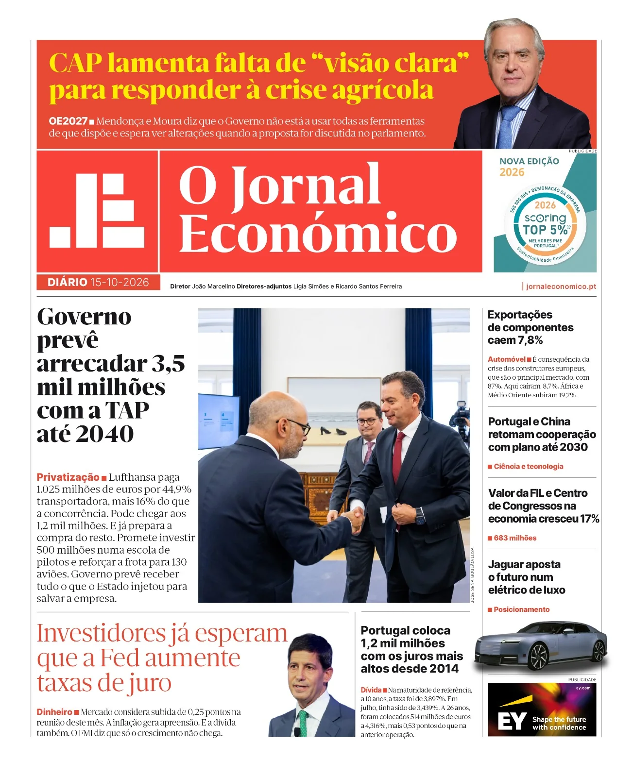 Capa do Jornal Económico de quinta-feira, 15 de outubro de 2026