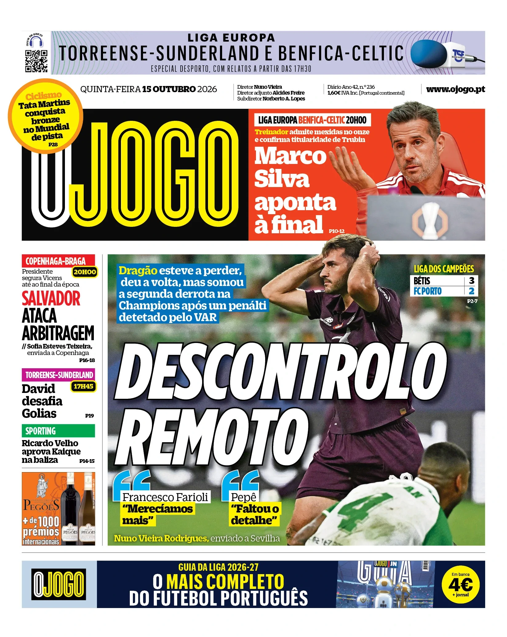 Capa do O Jogo de quinta-feira, 15 de outubro de 2026