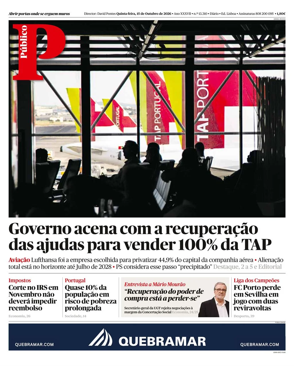 Capa do Público de quinta-feira, 15 de outubro de 2026