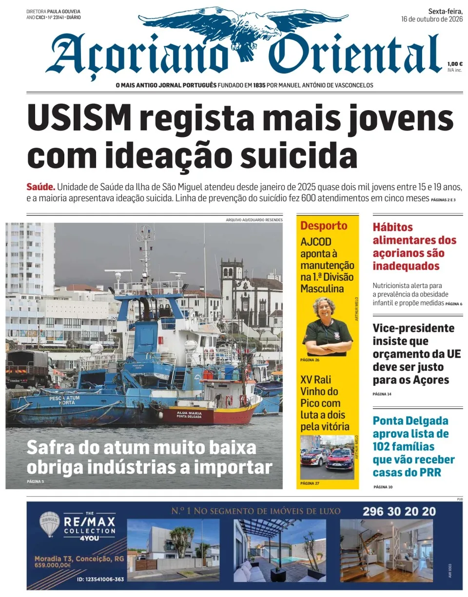 Capa do Açoriano Oriental de sexta-feira, 16 de outubro de 2026