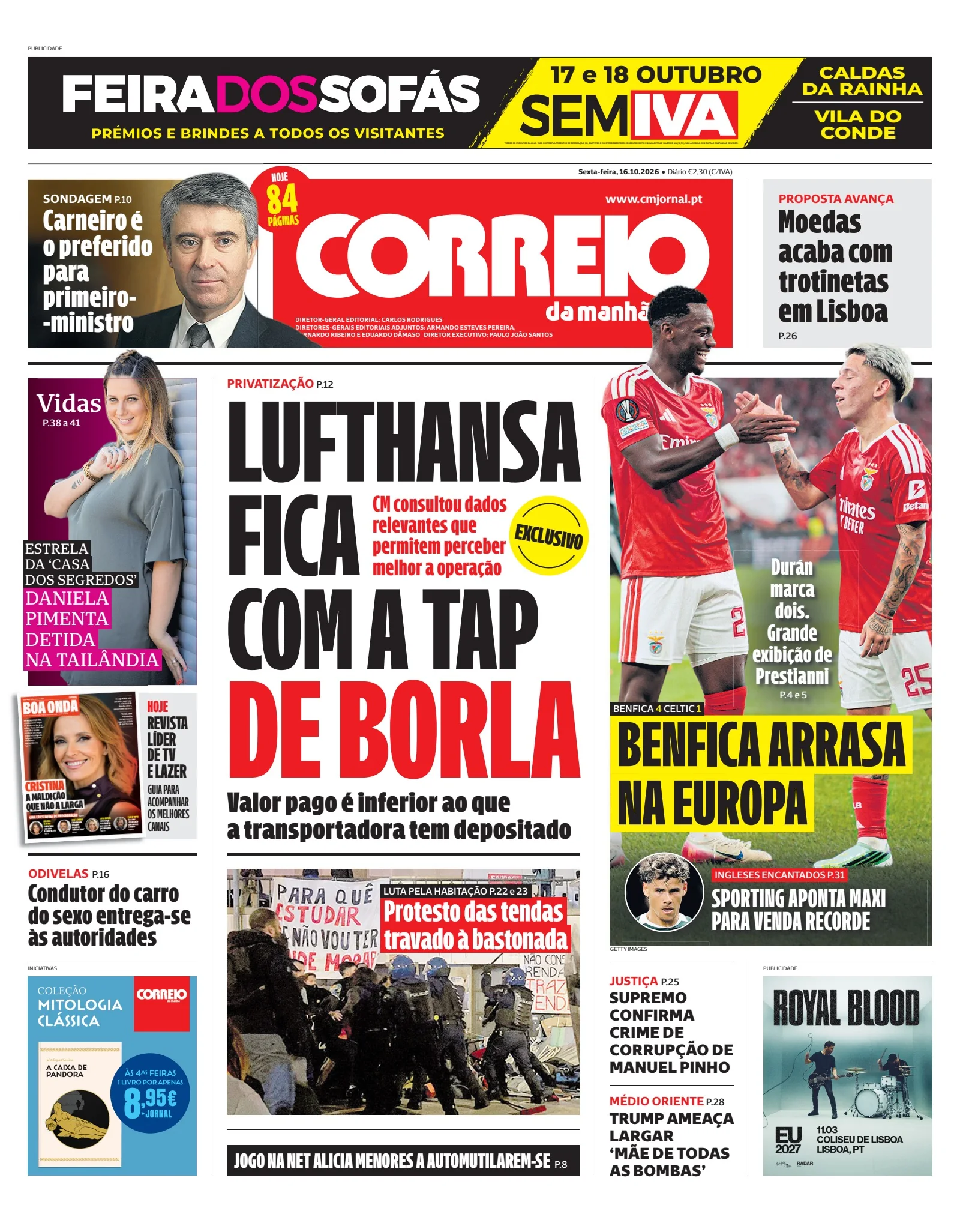 Capa do Correio da Manhã de sexta-feira, 16 de outubro de 2026
