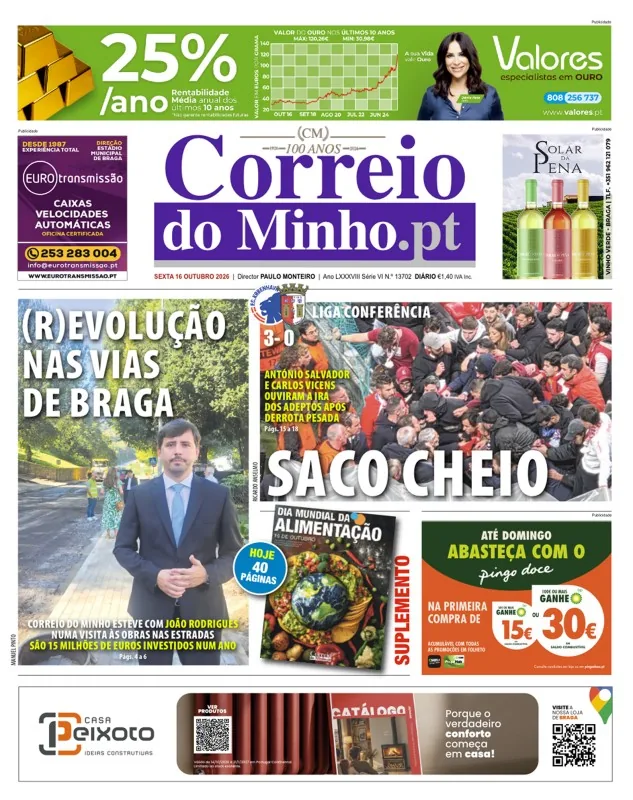 Capa do Correio do Minho de sexta-feira, 16 de outubro de 2026
