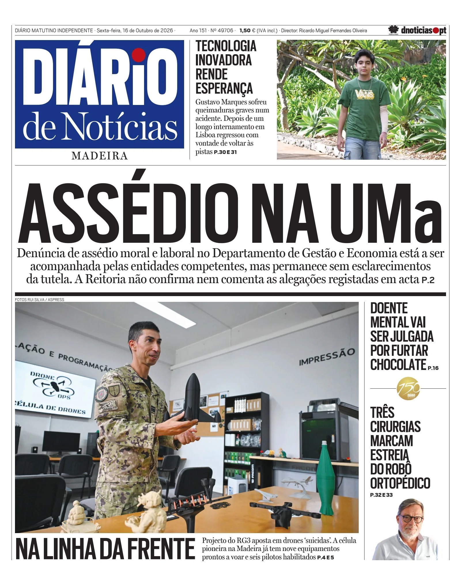 Capa do Diário de Notícias da Madeira de sexta-feira, 16 de outubro de 2026