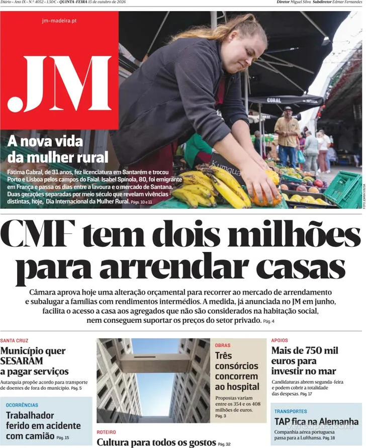 Capa do Jornal da Madeira de sexta-feira, 16 de outubro de 2026