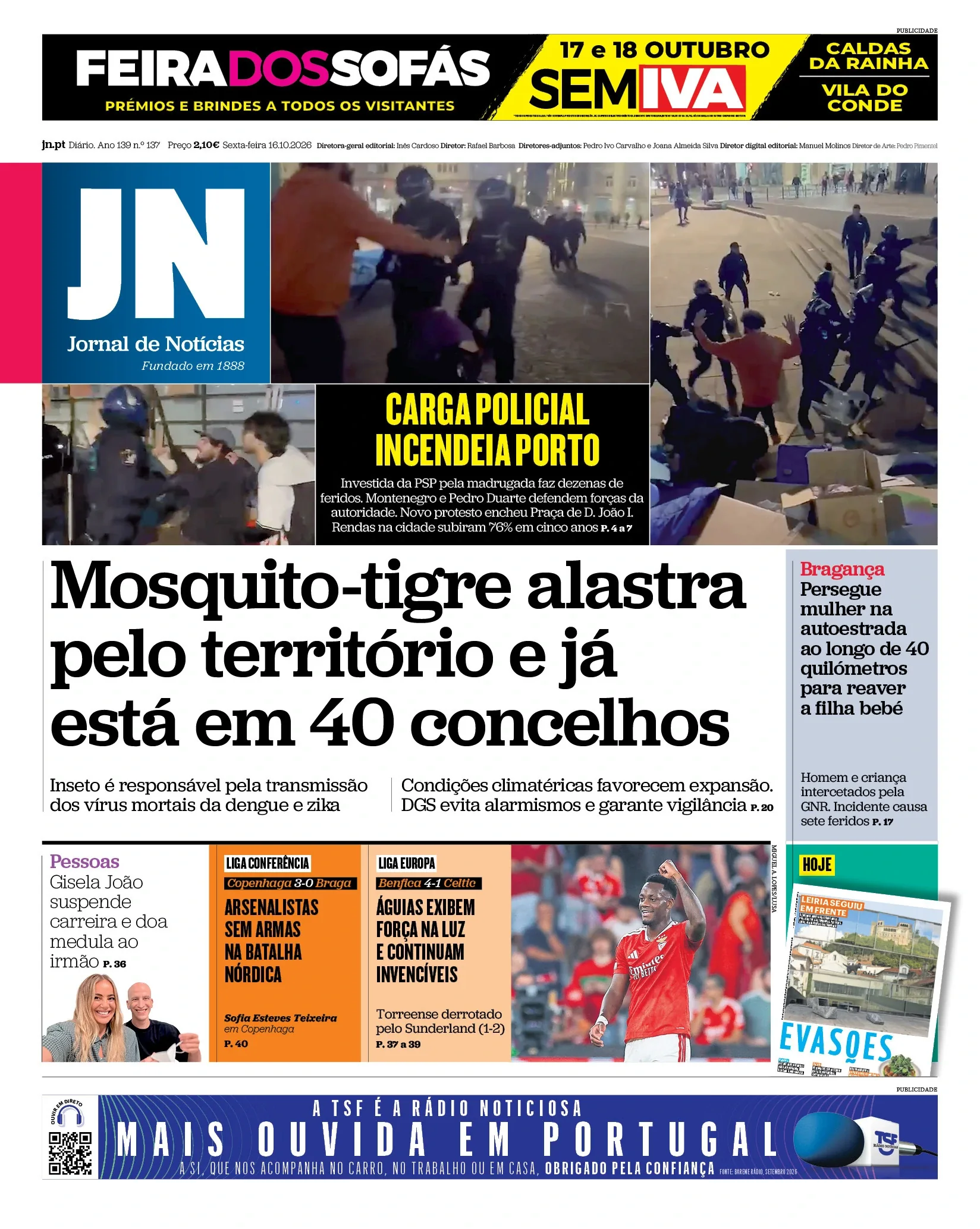 Capa do Jornal de Notícias de sexta-feira, 16 de outubro de 2026