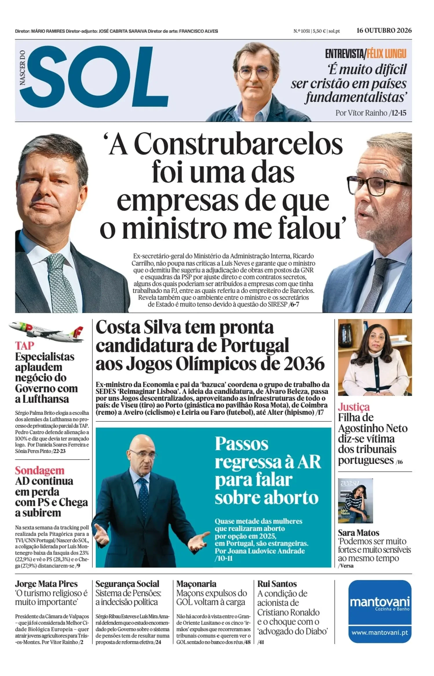 Capa do Nascer do SOL de sexta-feira, 16 de outubro de 2026