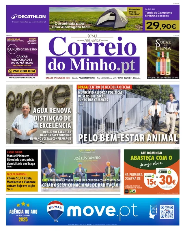 Capa do Correio do Minho de sábado, 17 de outubro de 2026