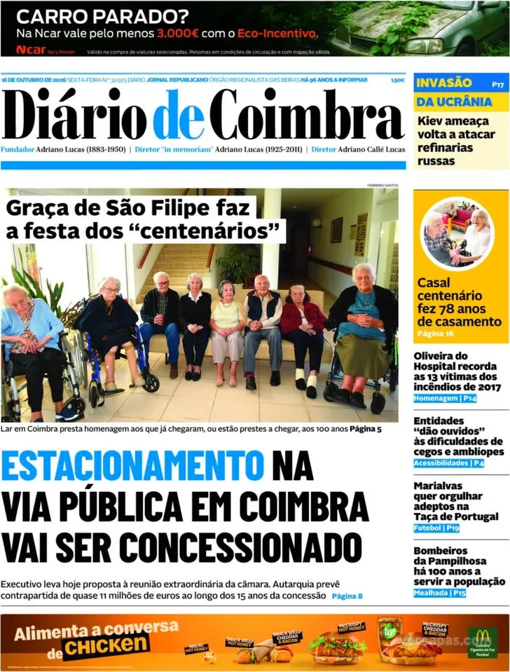 Capa do Diário de Coimbra de sábado, 17 de outubro de 2026