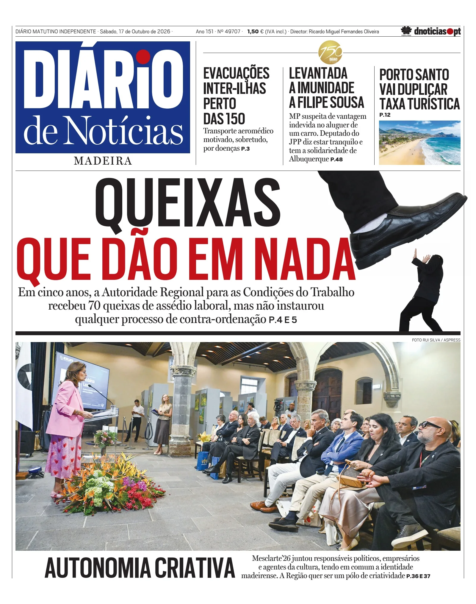 Capa do Diário de Notícias da Madeira de sábado, 17 de outubro de 2026