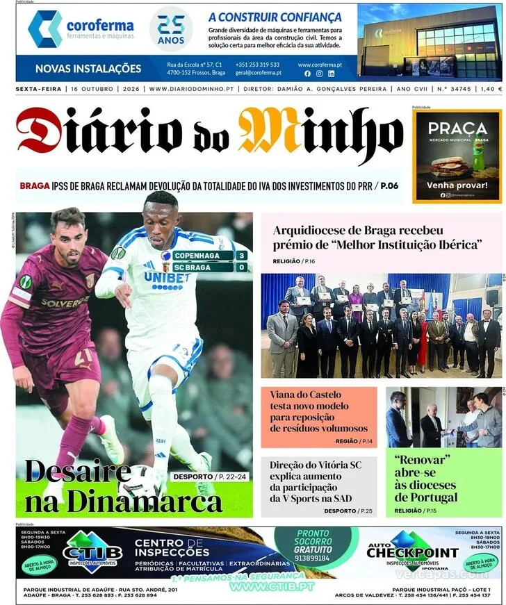 Capa do Diário do Minho de sábado, 17 de outubro de 2026