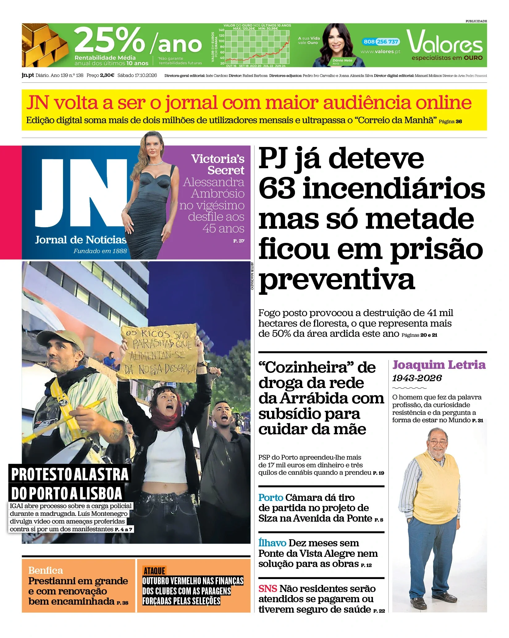 Capa do Jornal de Notícias de sábado, 17 de outubro de 2026