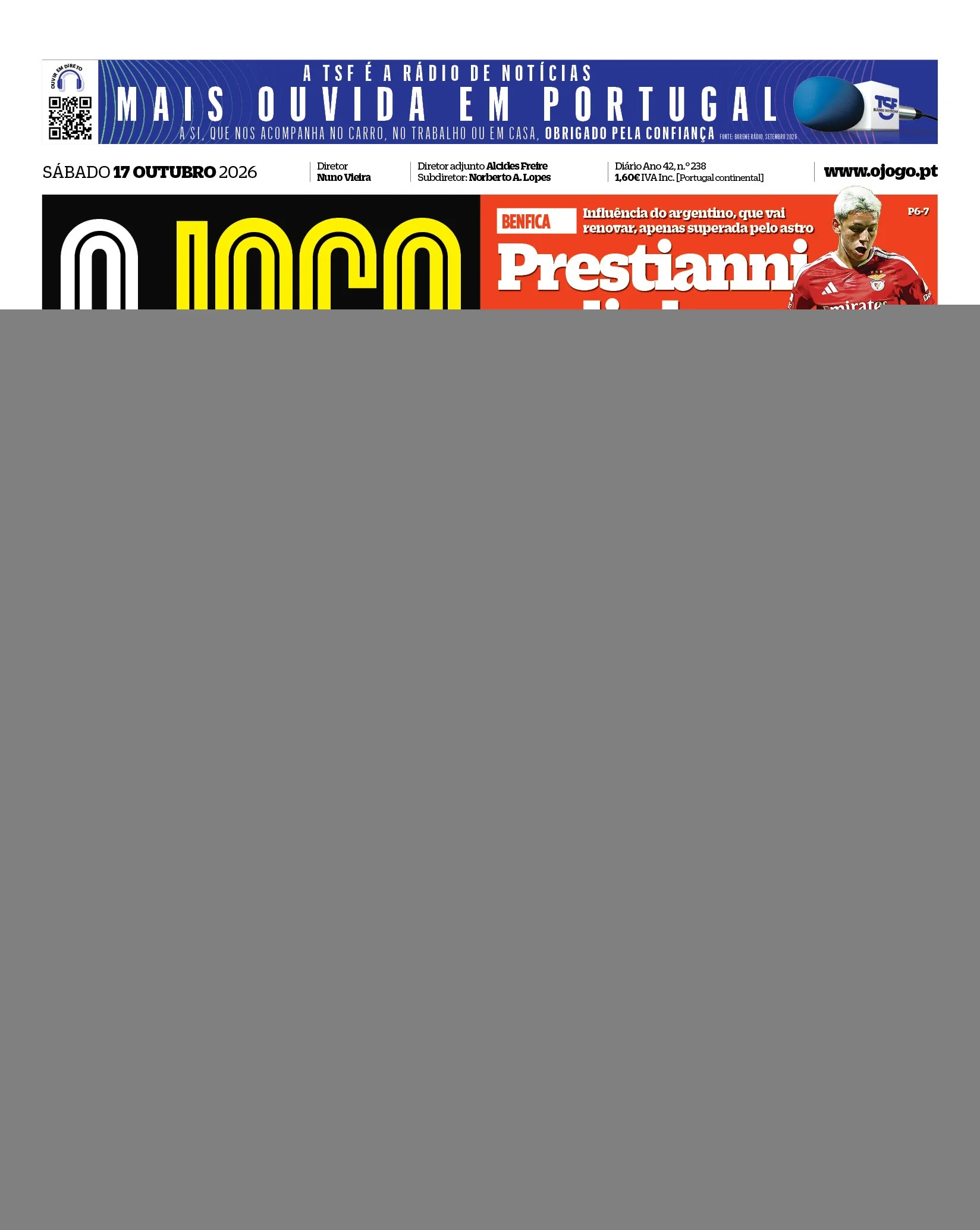 Capa do O Jogo de sábado, 17 de outubro de 2026