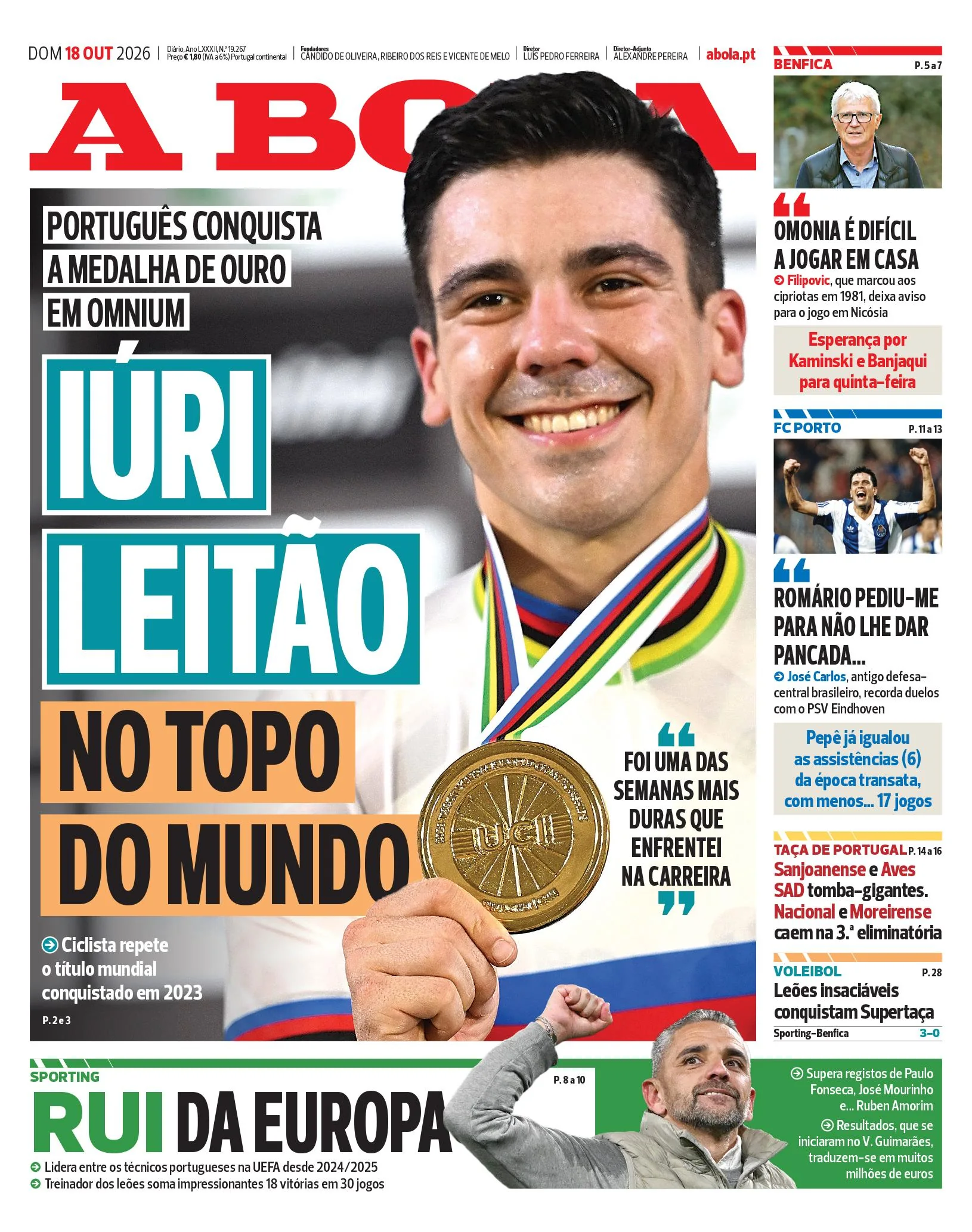 Capa do A Bola de domingo, 18 de outubro de 2026