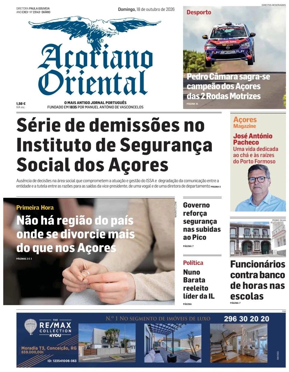 Capa do Açoriano Oriental de domingo, 18 de outubro de 2026