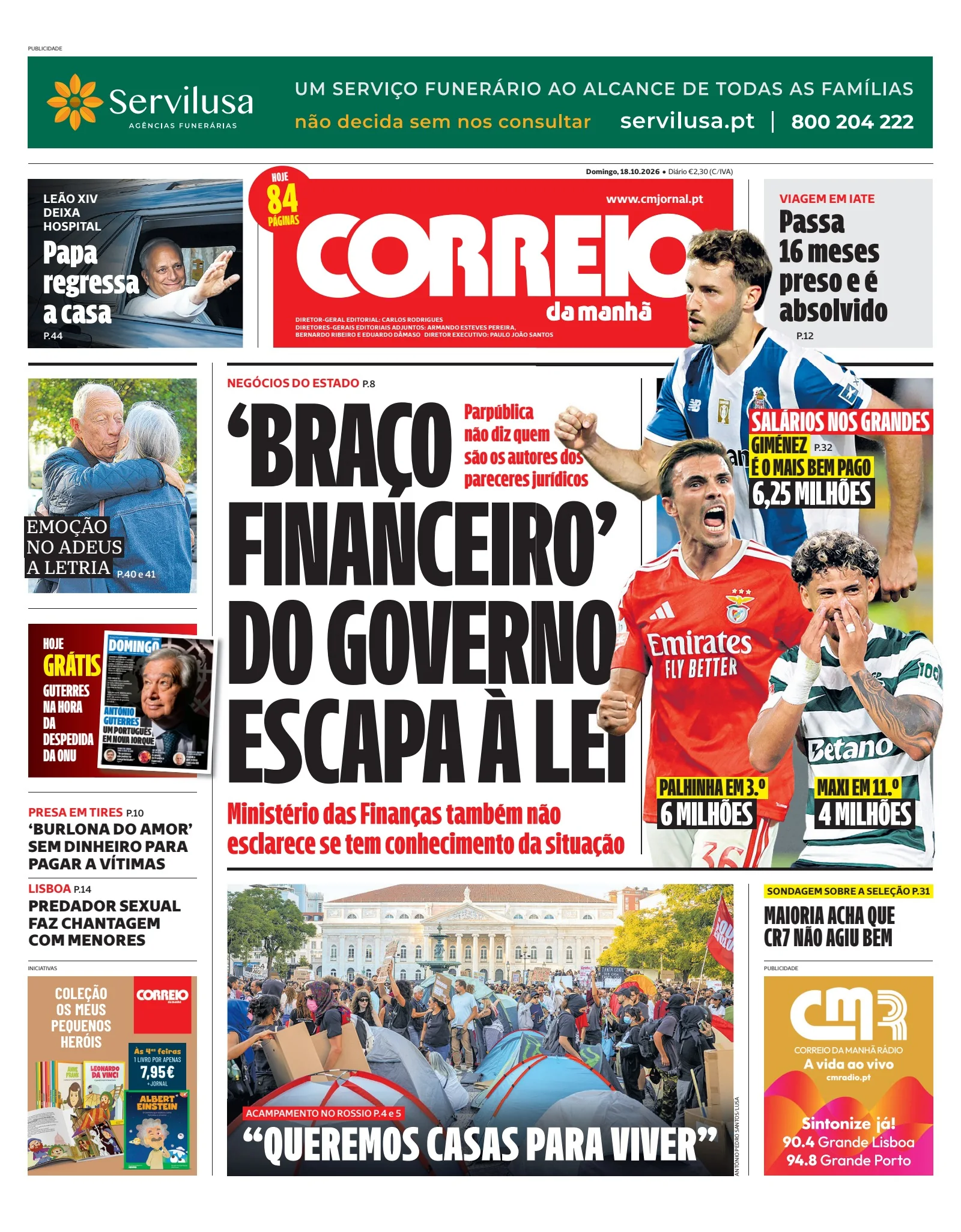Capa do Correio da Manhã de domingo, 18 de outubro de 2026