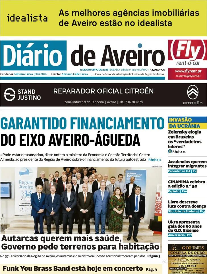 Capa do Diário de Aveiro de domingo, 18 de outubro de 2026