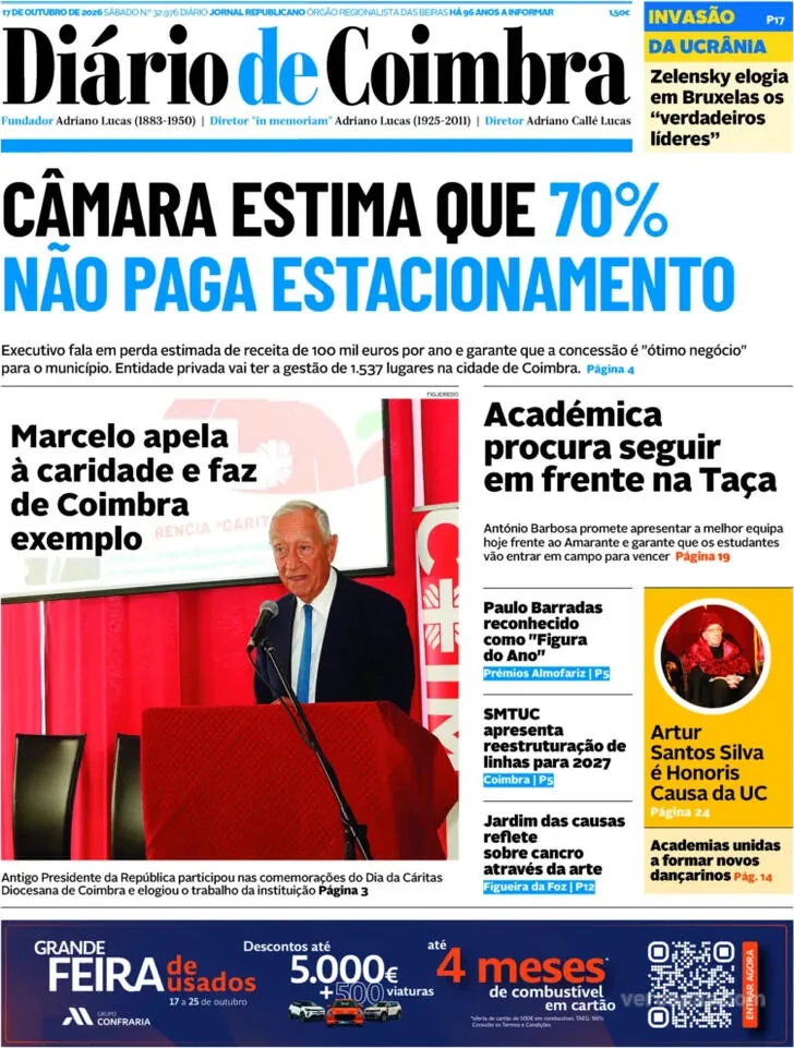 Capa do Diário de Coimbra de domingo, 18 de outubro de 2026