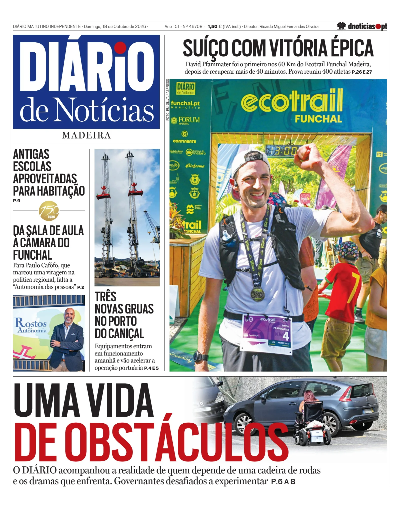 Capa do Diário de Notícias da Madeira de domingo, 18 de outubro de 2026