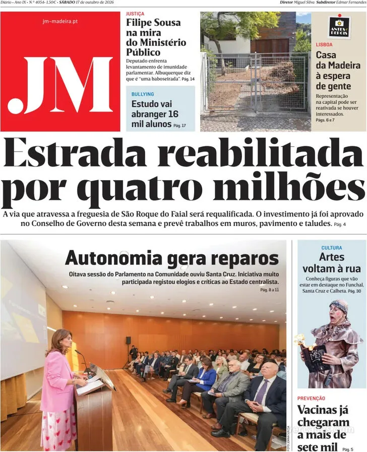 Capa do Jornal da Madeira de domingo, 18 de outubro de 2026