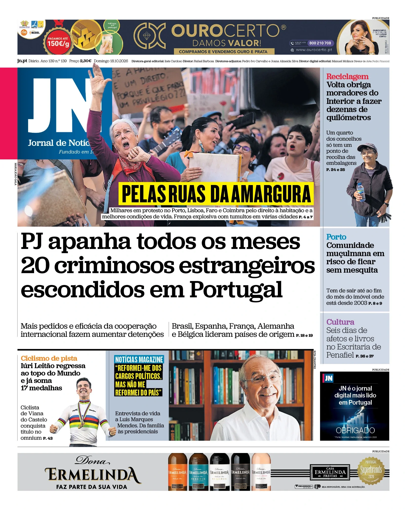 Capa do Jornal de Notícias de domingo, 18 de outubro de 2026