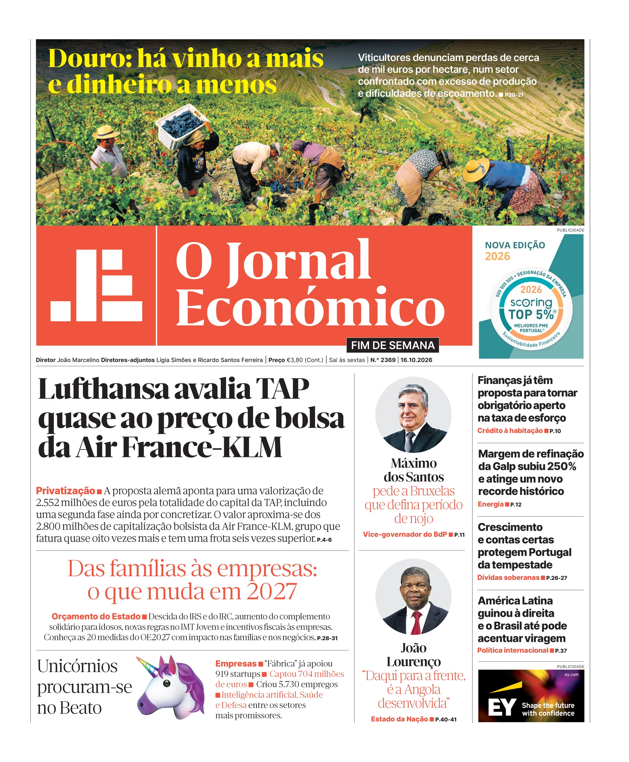 Capa do Jornal Económico de domingo, 18 de outubro de 2026