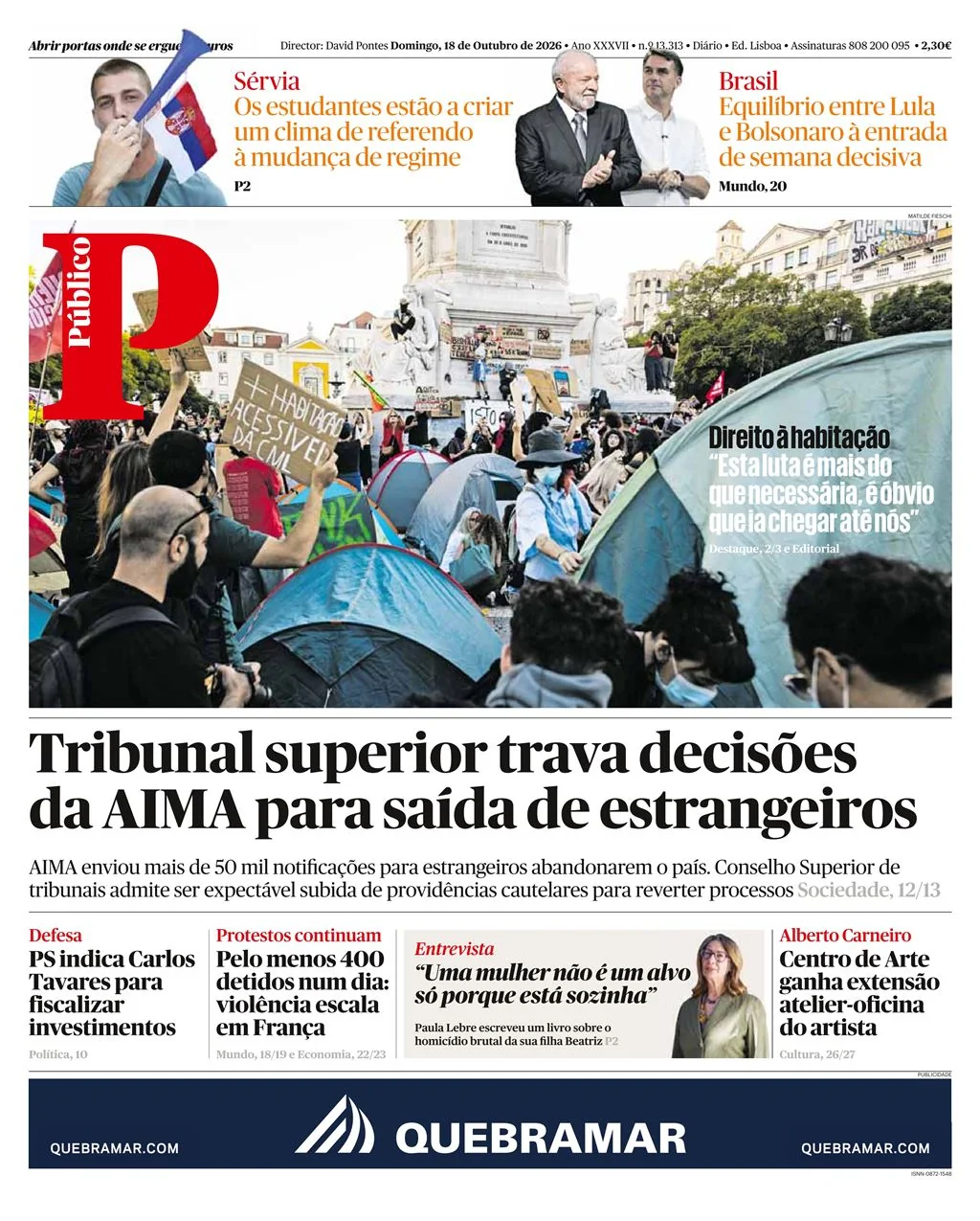 Capa do Público de domingo, 18 de outubro de 2026