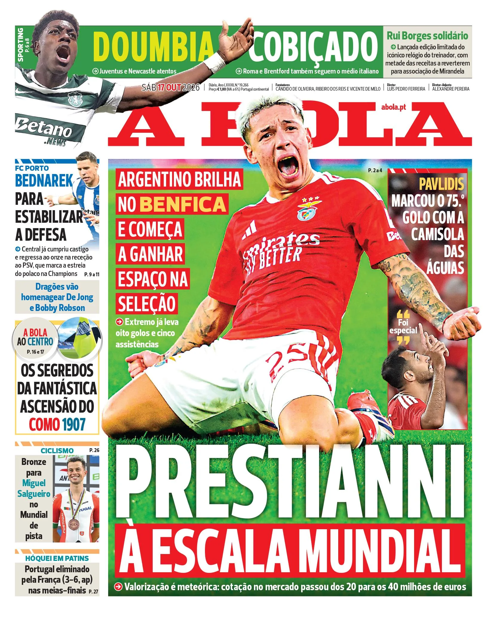 Capa do A Bola de segunda-feira, 19 de outubro de 2026