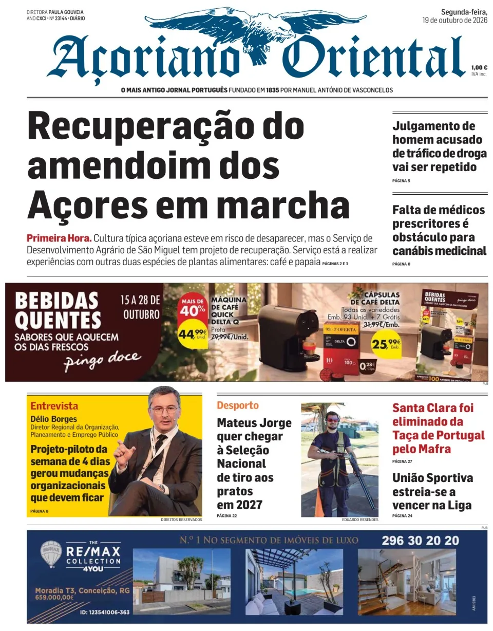 Capa do Açoriano Oriental de segunda-feira, 19 de outubro de 2026