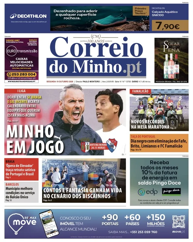 Capa do Correio do Minho de segunda-feira, 19 de outubro de 2026