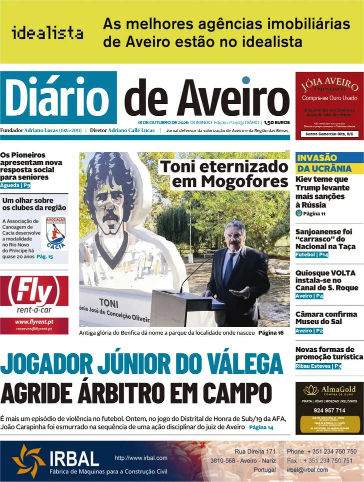 Capa do Diário de Aveiro de segunda-feira, 19 de outubro de 2026