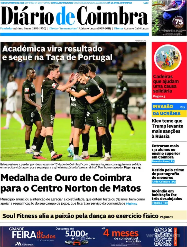 Capa do Diário de Coimbra de segunda-feira, 19 de outubro de 2026