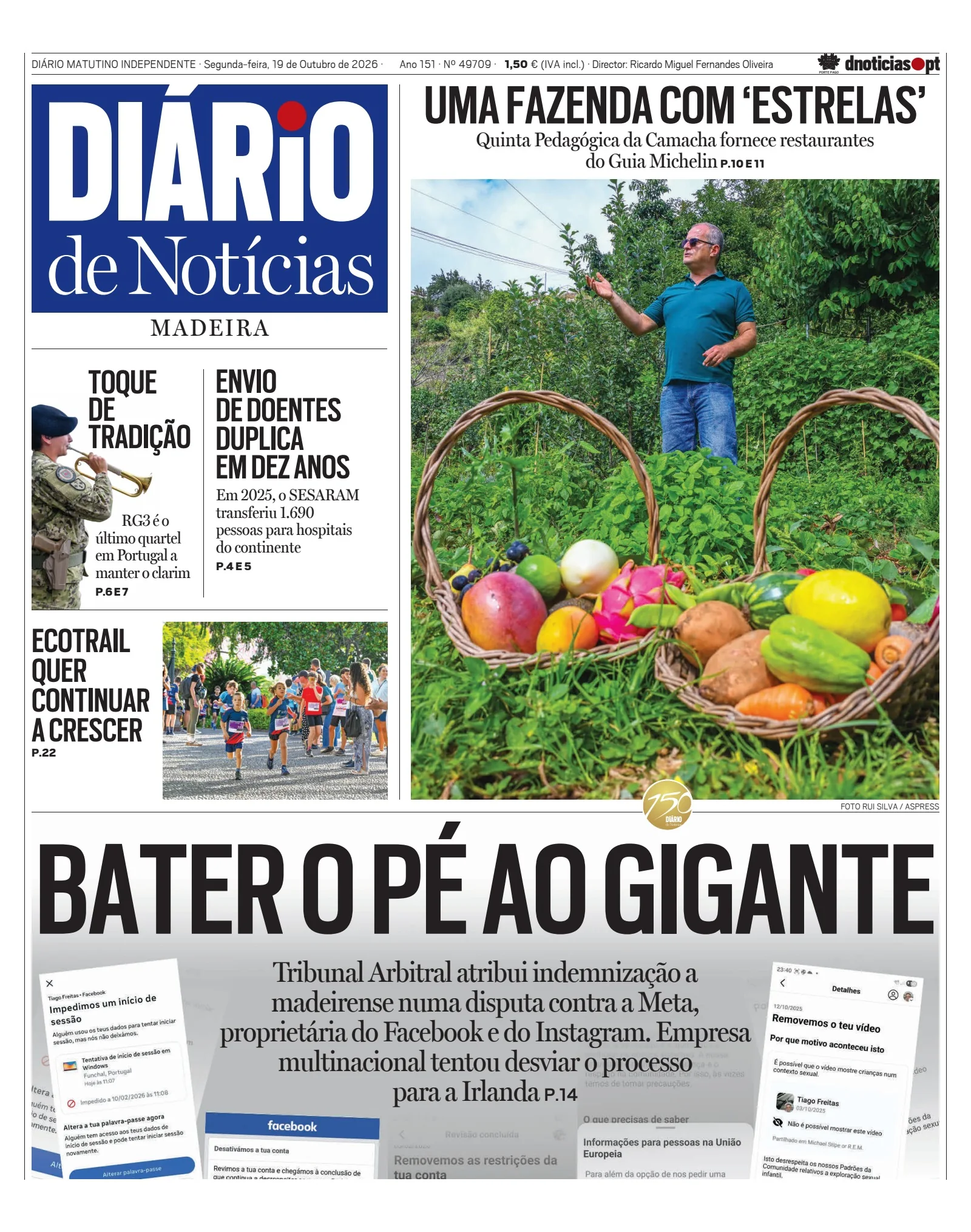 Capa do Diário de Notícias da Madeira de segunda-feira, 19 de outubro de 2026