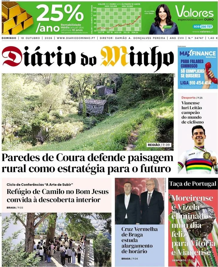 Capa do Diário do Minho de segunda-feira, 19 de outubro de 2026